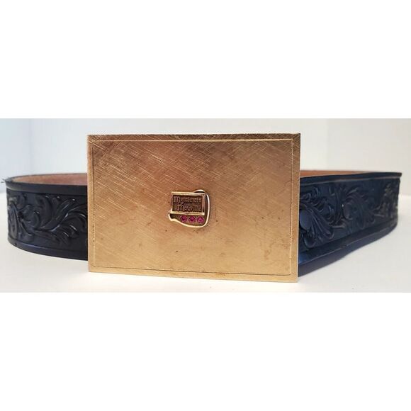 Tony Lama Belt Blk 30 w/ VTG Metalcraft Mayville Brushed Gold Buckle w/ Gems USA - Picture 9 of 16